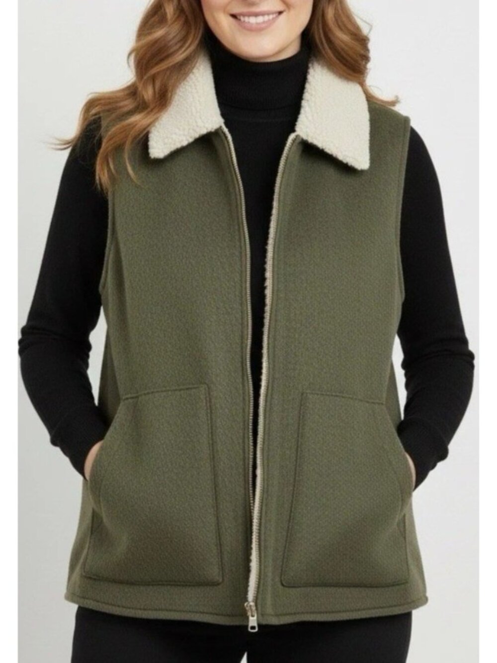 NWT Sanctuary Women's L Wool Blend Green Sherpa-Lined Sweater Vest Full Zip
